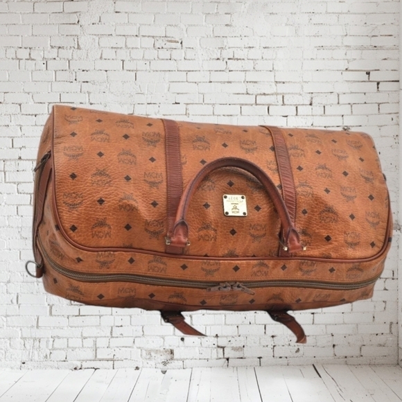 MCM Visetos Leather Boston Bag Brown Unisex Vintage - Picture 6 of 17